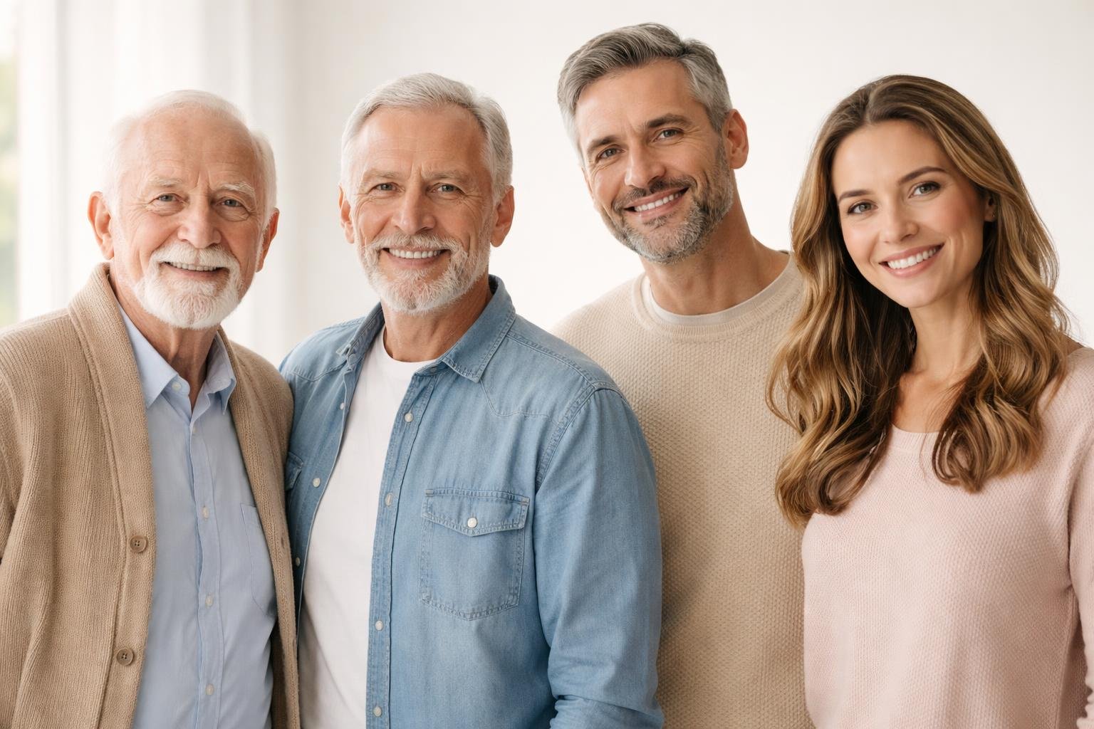 Quatro pessoas de diferentes idades representando quatro gerações de uma família, em pé lado a lado, mostrando a continuidade familiar.