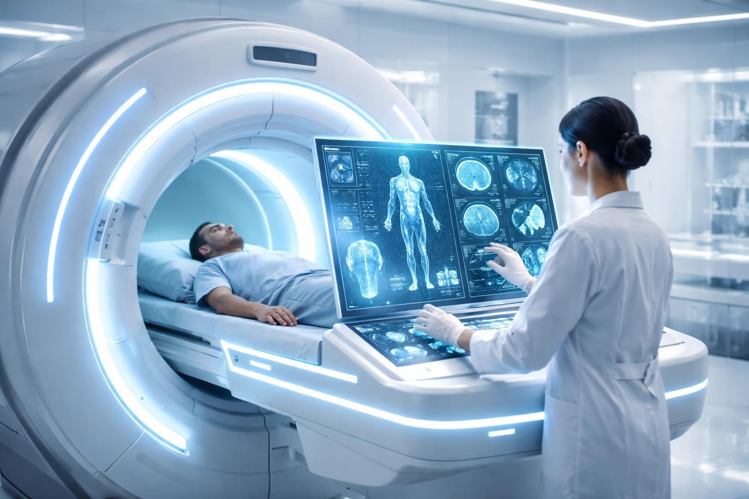 Um técnico operando um aparelho de escaneamento médico futurista em um ambiente clínico moderno, com um paciente próximo.