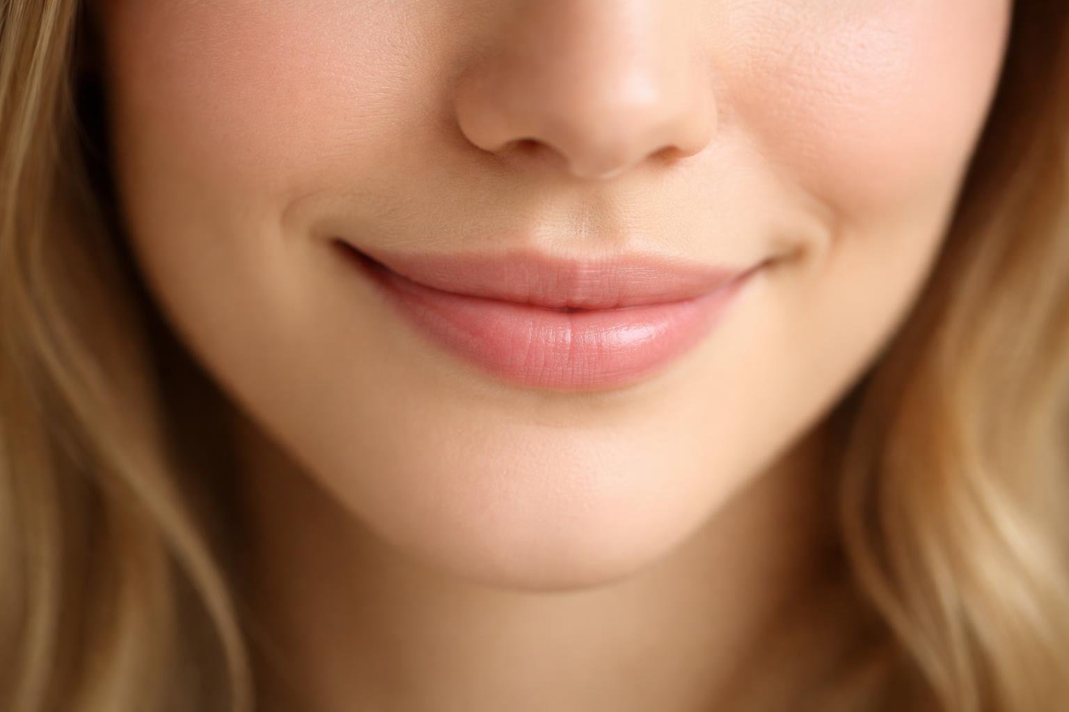Close-up do sorriso suave e delicado de uma pessoa, mostrando os lábios levemente curvados para cima.