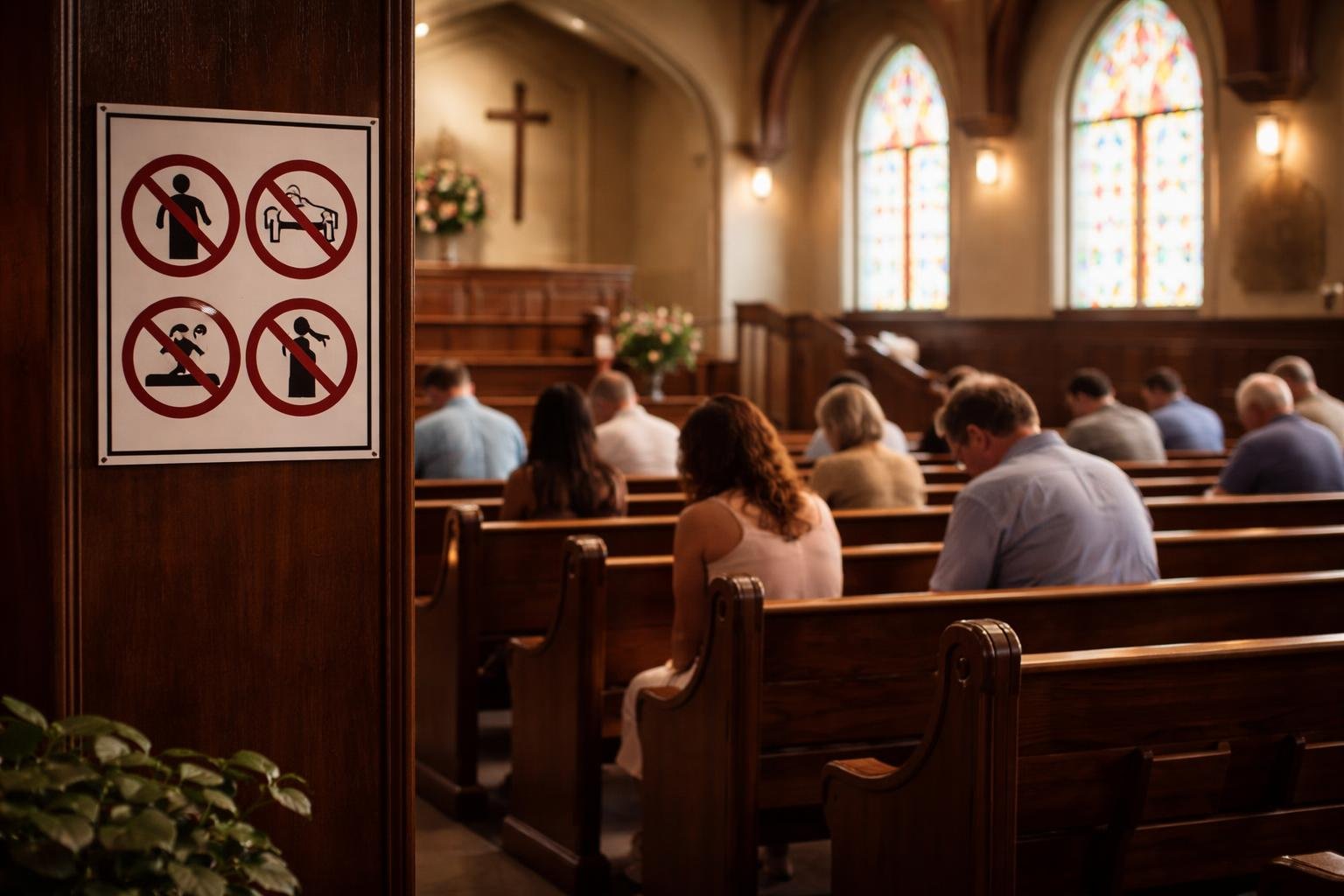 Interior de uma igreja com pessoas sentadas nos bancos, em atitude de oração e respeito, com símbolos discretos indicando proibições como álcool, fumo e dança.