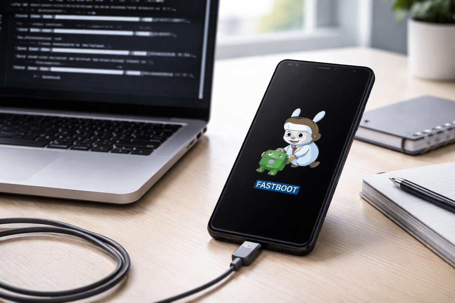 Um smartphone Xiaomi em modo fastboot sobre uma mesa de trabalho com um laptop ao lado mostrando uma interface de linha de comando.