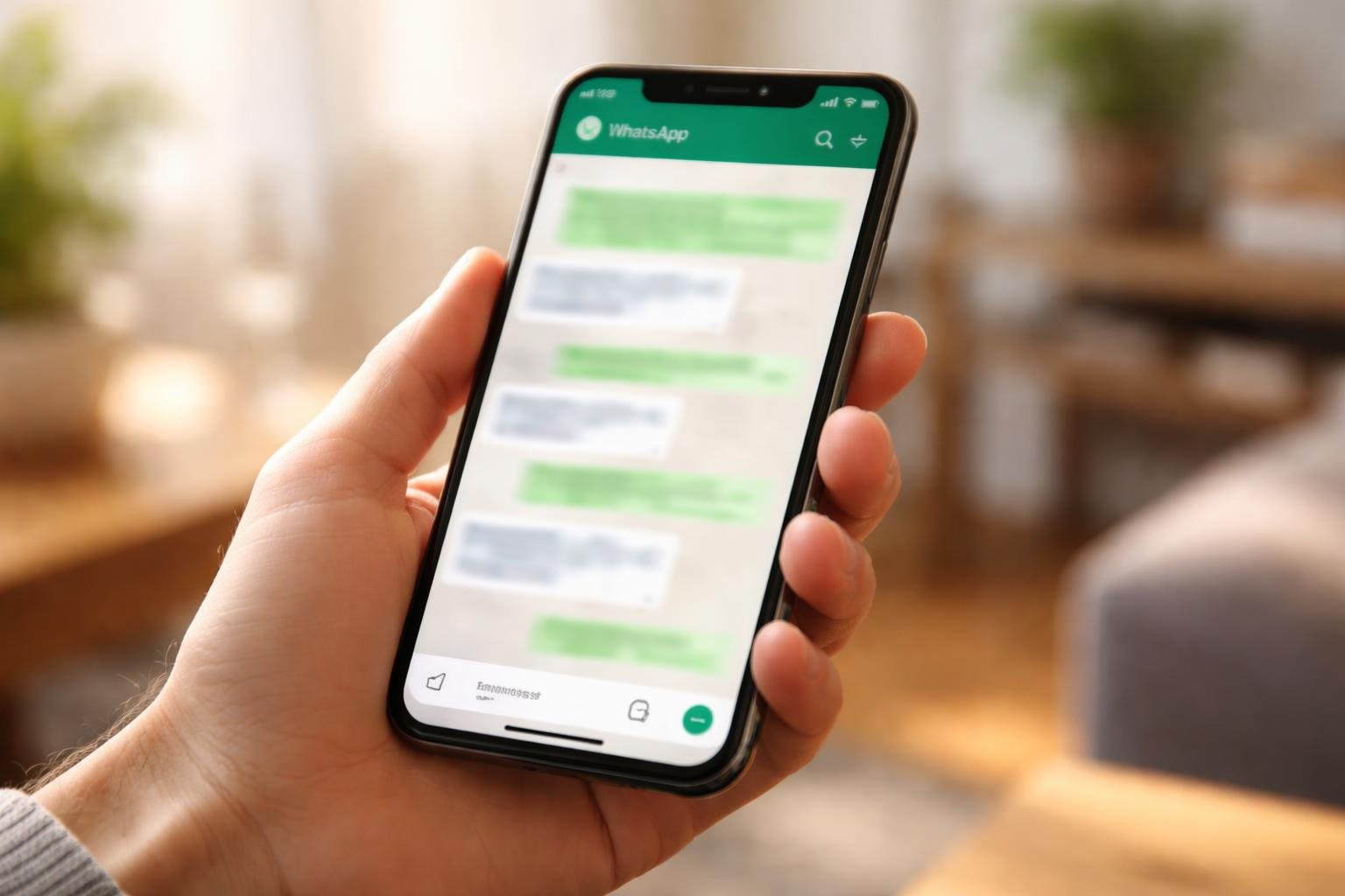 Uma mão segurando um smartphone com a tela do WhatsApp aberta, mostrando uma conversa, em um ambiente interno desfocado.