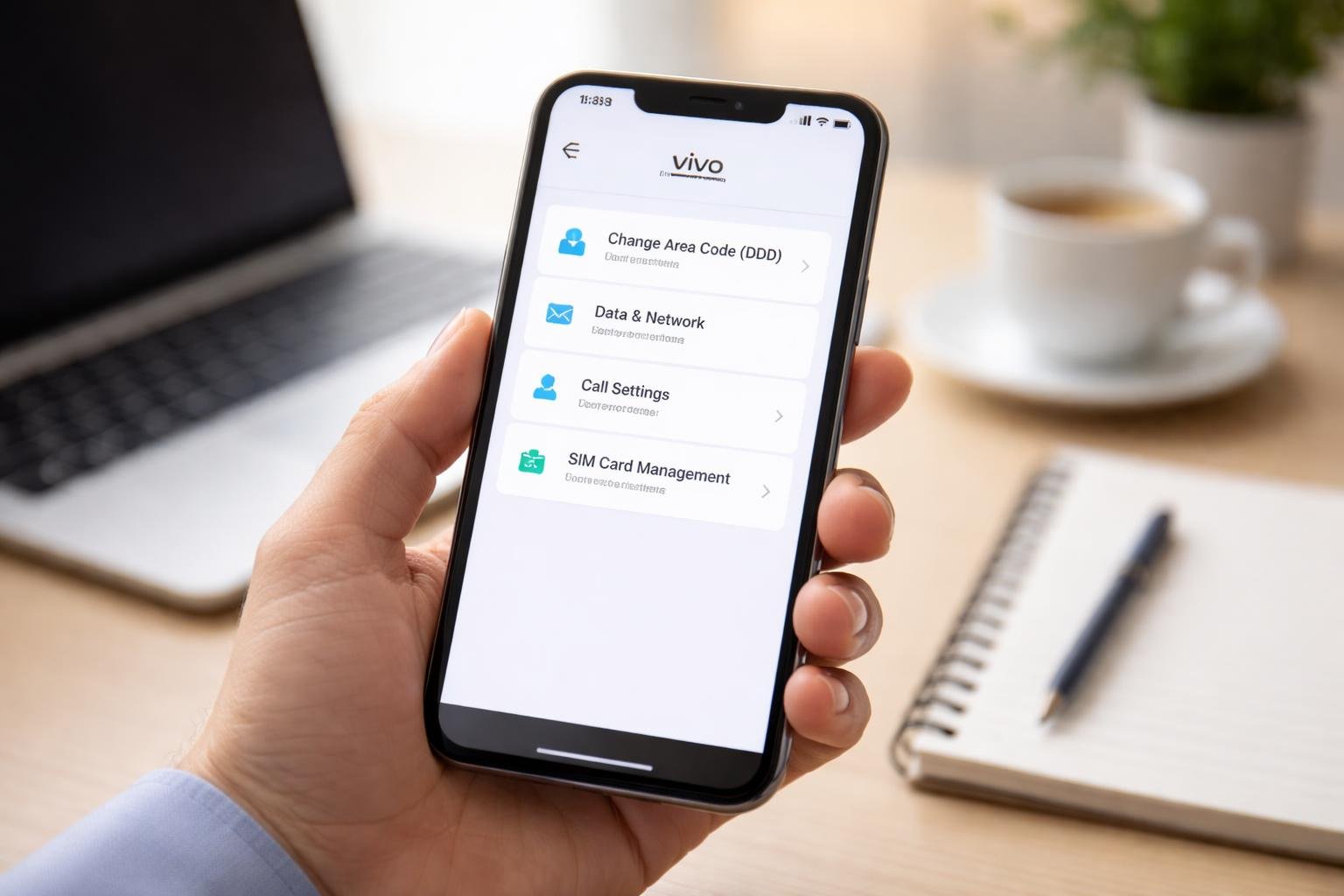 Pessoa segurando um smartphone com a tela mostrando configurações de chip em um ambiente de escritório.