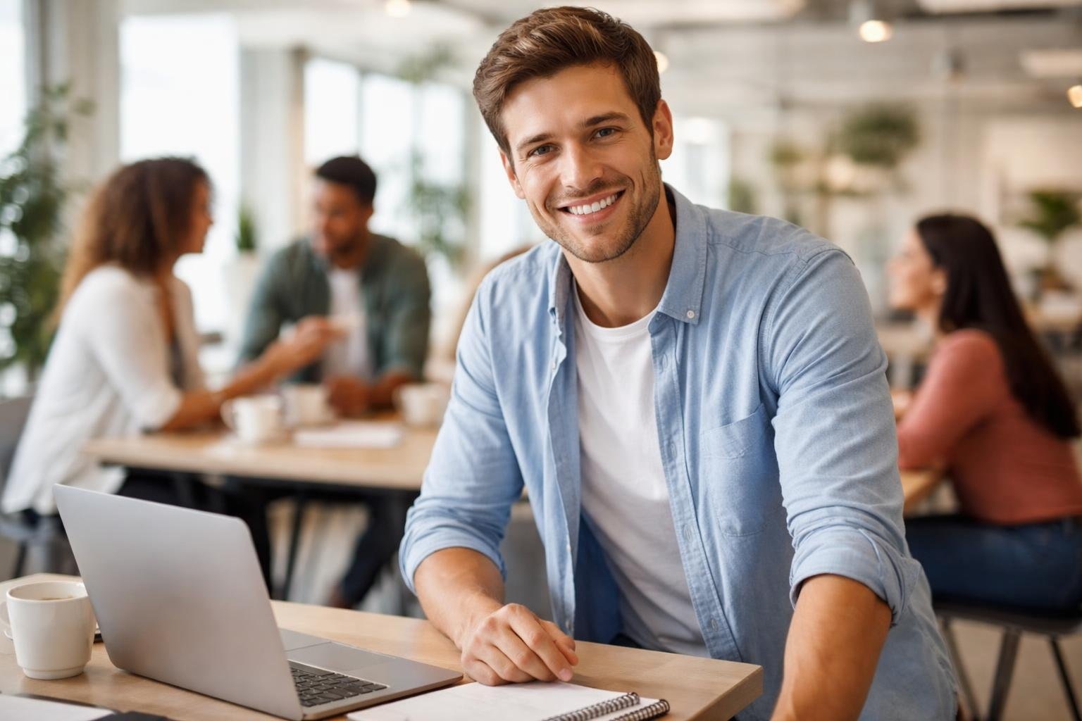 Um jovem homem sorridente em um ambiente de escritório moderno, interagindo com colegas de trabalho.