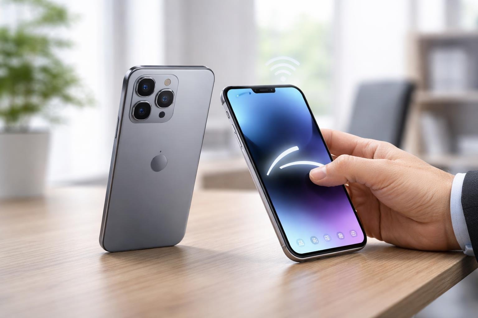 Um smartphone moderno sobre uma mesa de madeira com a mão de uma pessoa segurando-o, em um ambiente de escritório claro e minimalista.