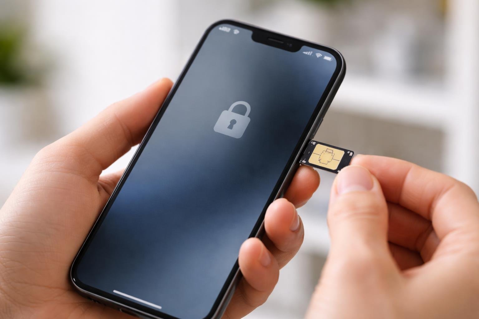 Mão segurando um smartphone com o compartimento do chip parcialmente aberto, mostrando um chip bloqueado.