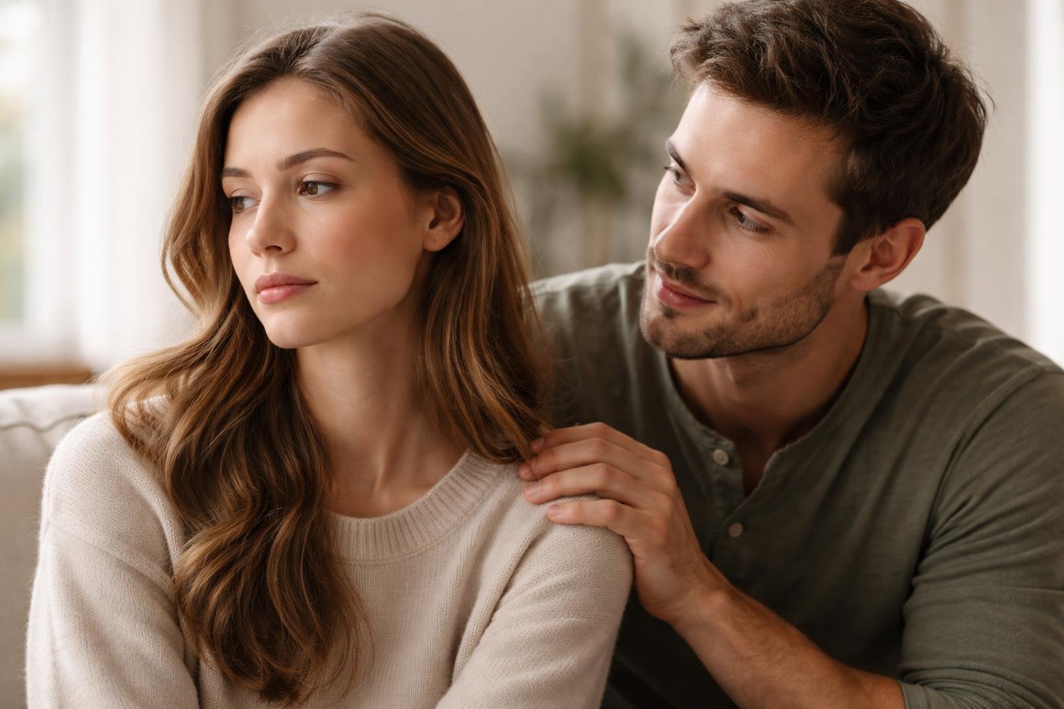 Duas pessoas em um ambiente interno, uma olhando para o lado com expressão indiferente e a outra observando com olhar amoroso.