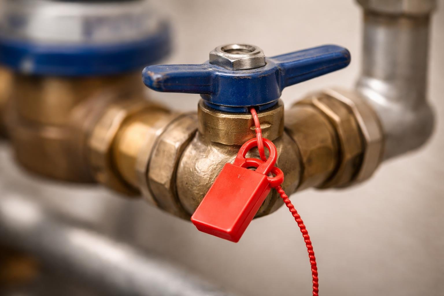 Fechadura colorida de corte de água presa em uma válvula de medidor de água.