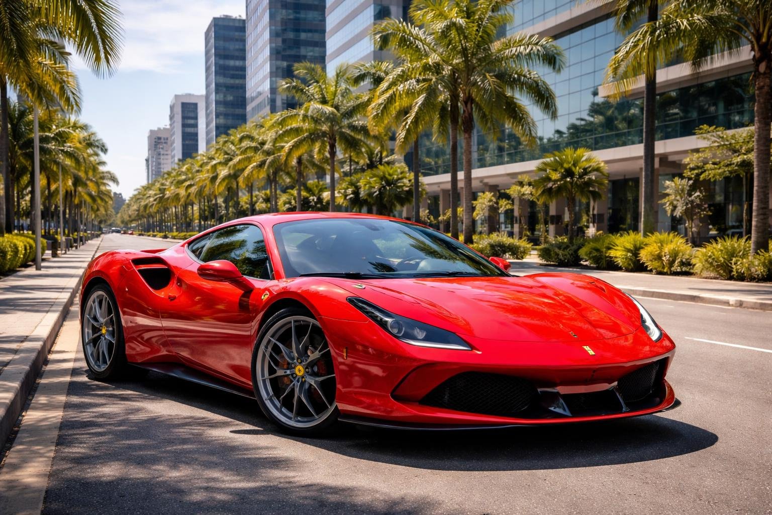 Um carro esportivo Ferrari vermelho estacionado em uma rua urbana moderna no Brasil, com prédios e palmeiras ao fundo.