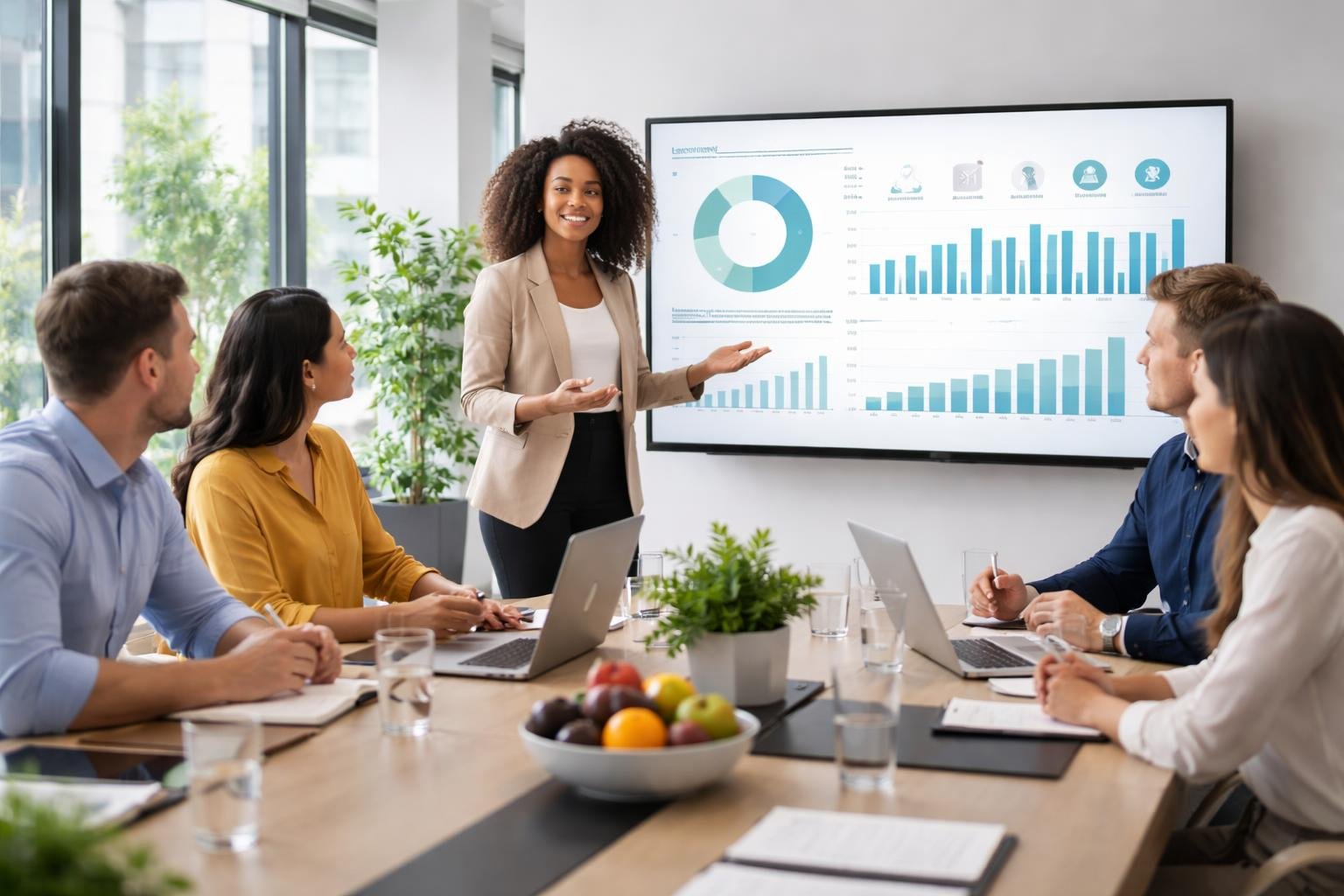 Equipe de trabalho em reunião corporativa discutindo programas de bem-estar para funcionários em um escritório moderno.