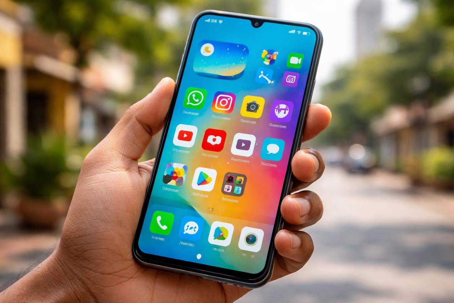 Pessoa segurando um celular moderno com tela colorida em um ambiente urbano brasileiro ao fundo.