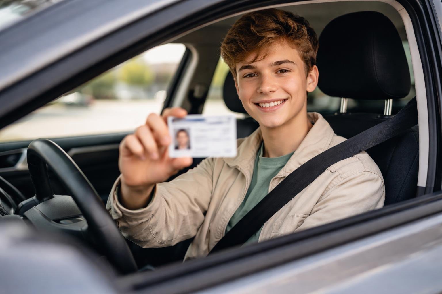Jovem sentado no banco do motorista de um carro, segurando uma carteira de motorista e sorrindo.