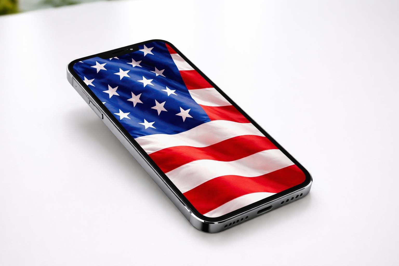 Um iPhone moderno exibindo a bandeira dos Estados Unidos na tela, apoiado sobre uma superfície branca.