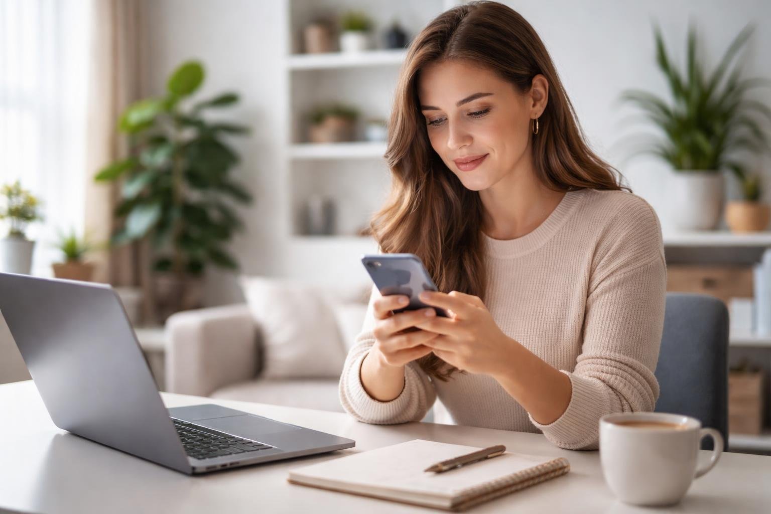 Mulher jovem sentada em uma mesa moderna olhando para o celular em um escritório doméstico iluminado.