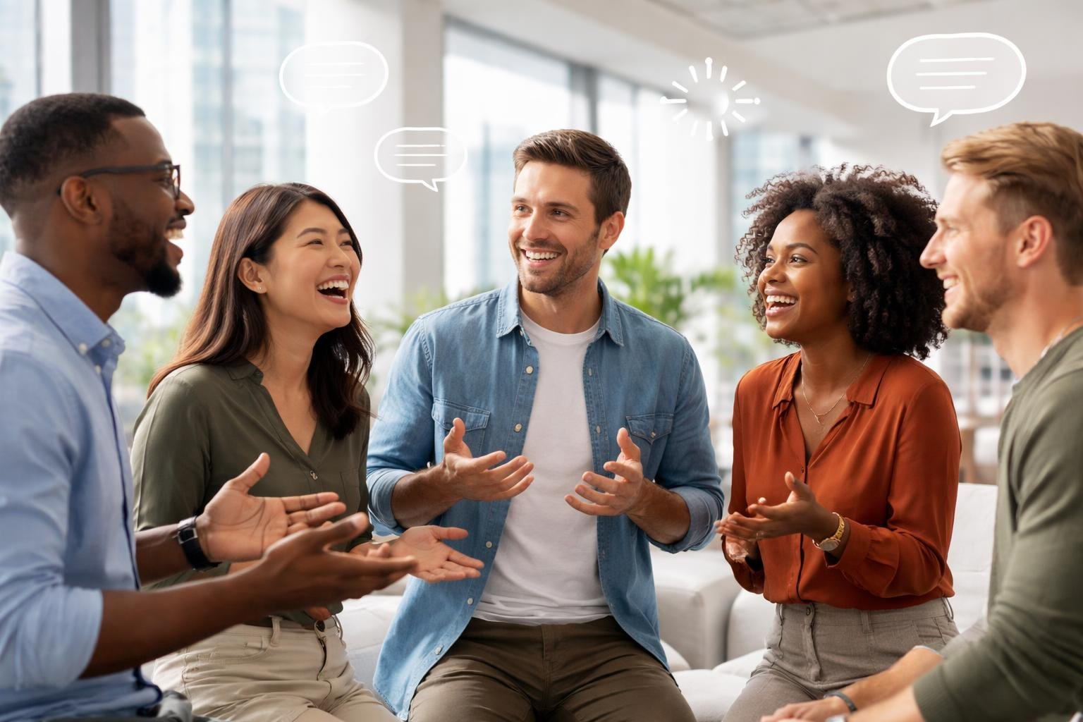 Cinco pessoas diversas conversando animadamente em um escritório moderno e iluminado.
