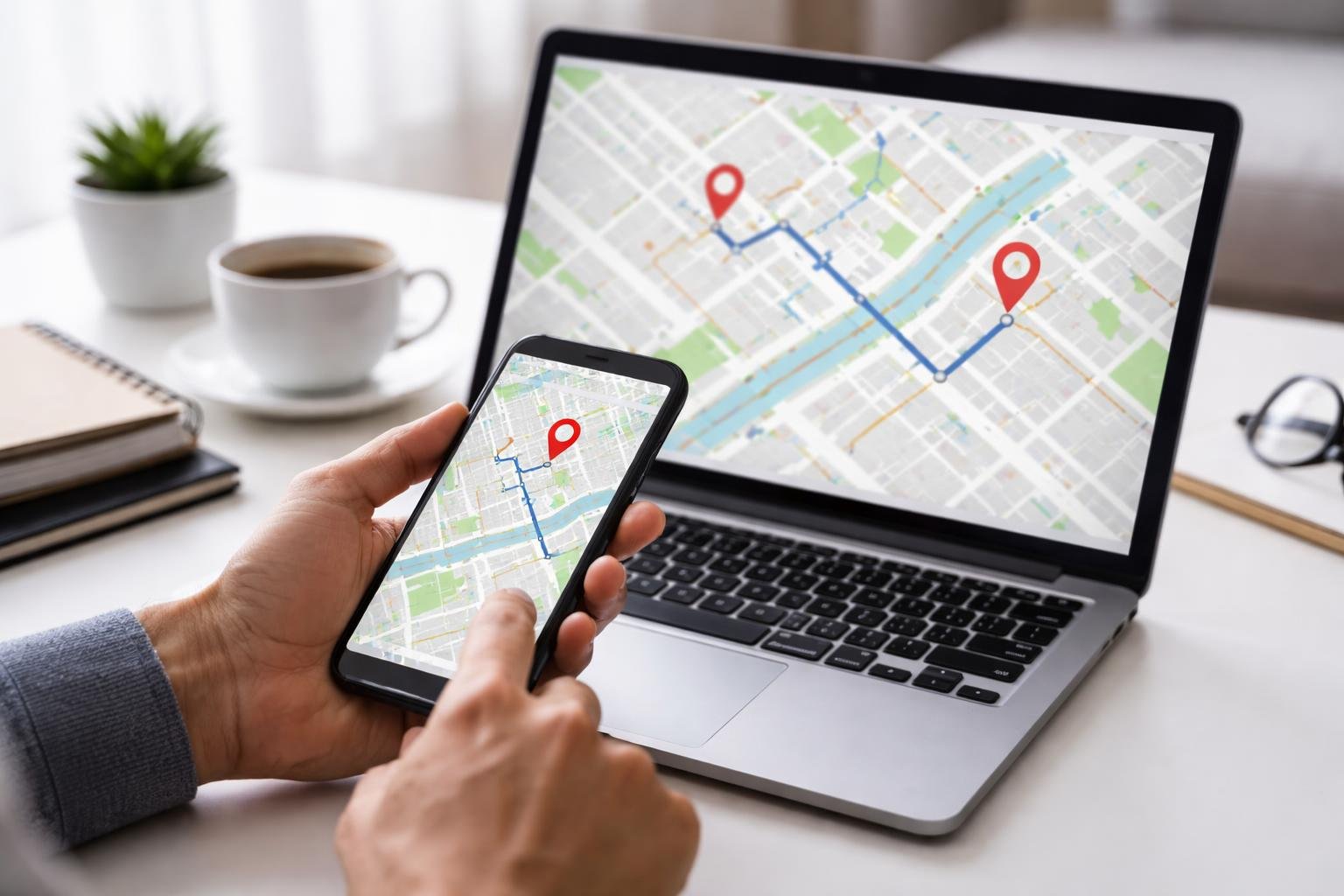 Pessoa sentada em uma mesa de trabalho com um laptop exibindo um mapa digital e segurando um smartphone mostrando um aplicativo de rastreamento.
