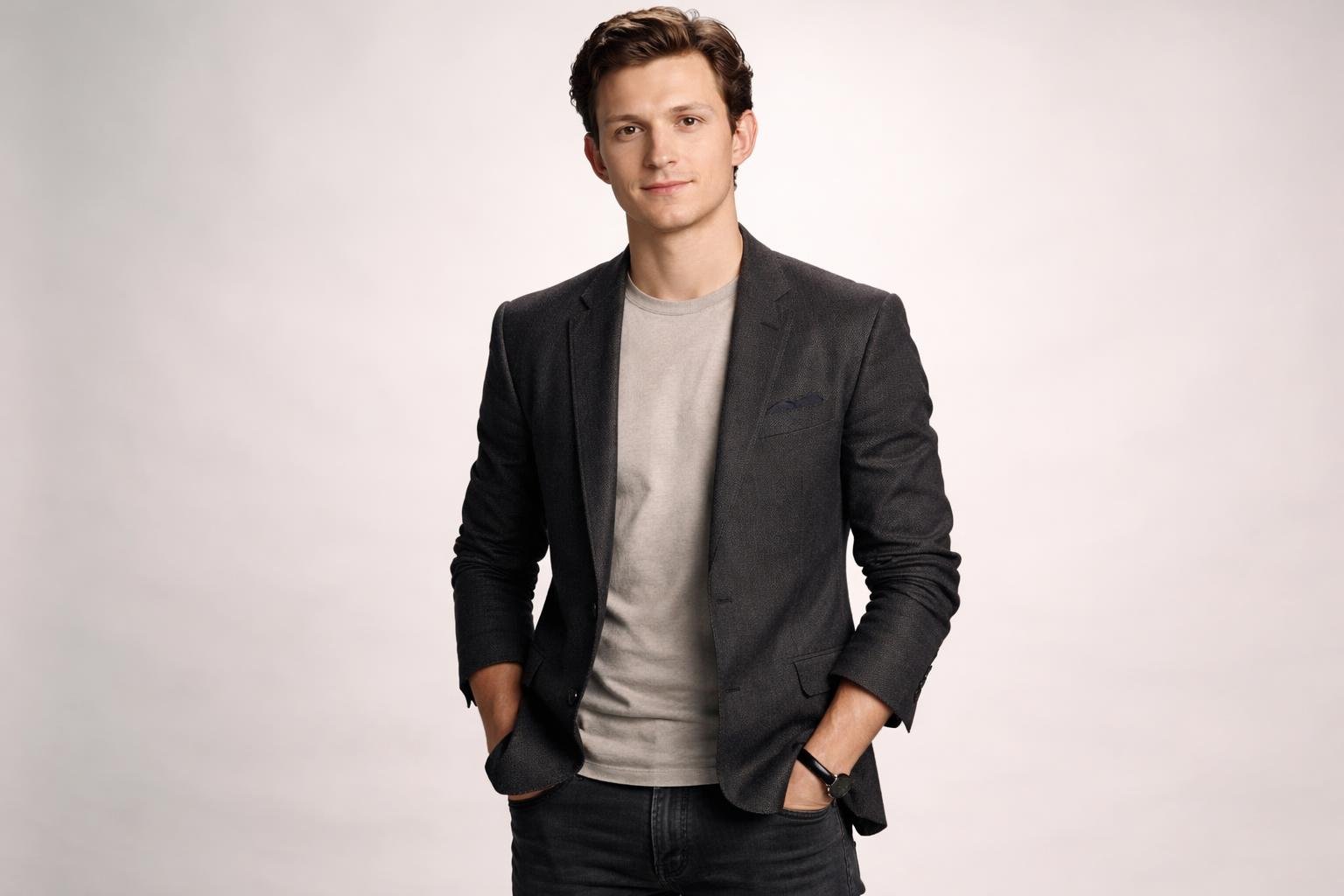 Jovem homem de altura média, vestido de forma casual elegante, posando com expressão amigável em fundo neutro.