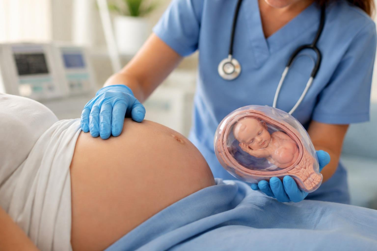 Profissional de saúde examinando a barriga de uma mulher grávida em um ambiente hospitalar.
