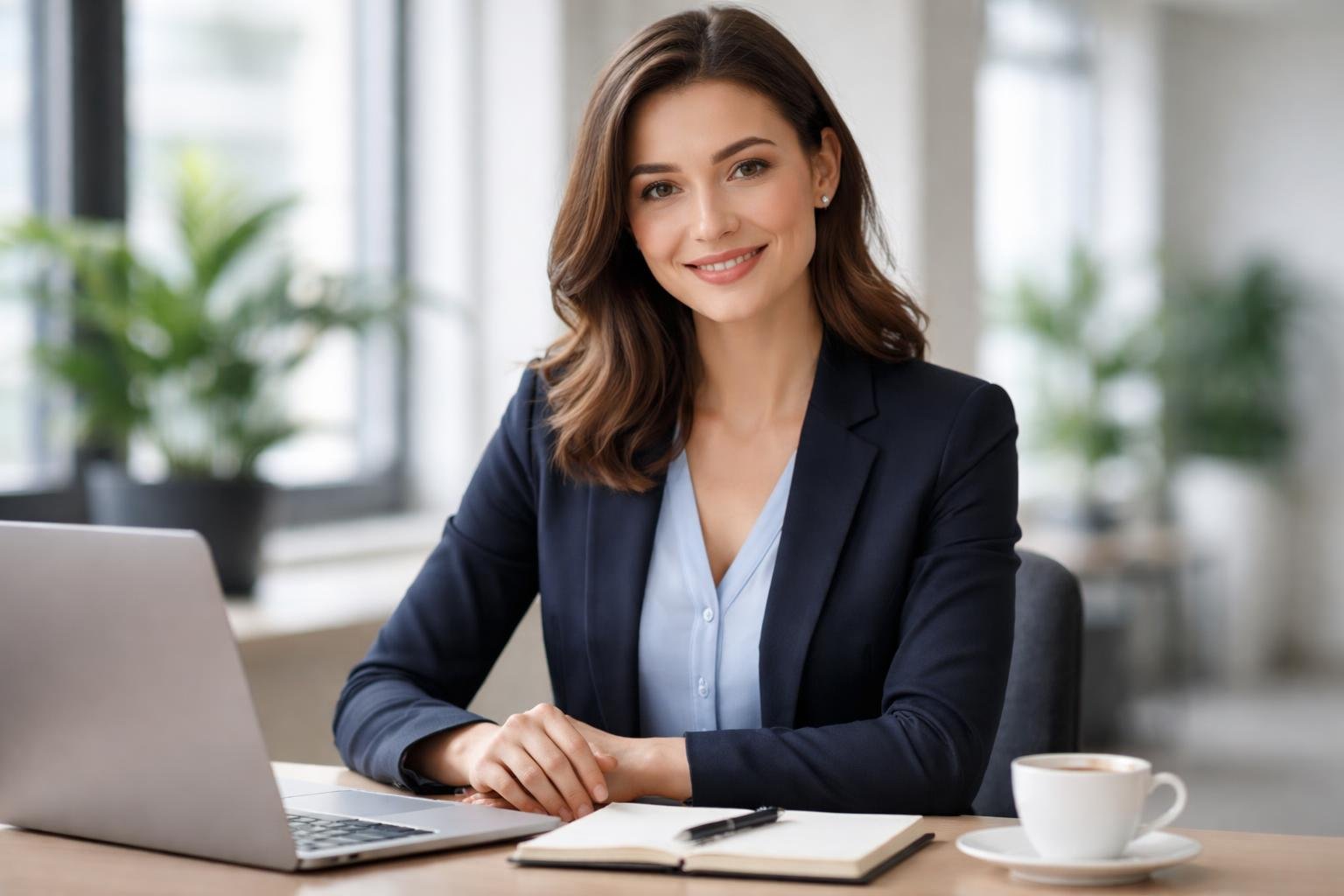 Mulher jovem sentada em uma mesa de escritório moderno, sorrindo e olhando para a câmera.