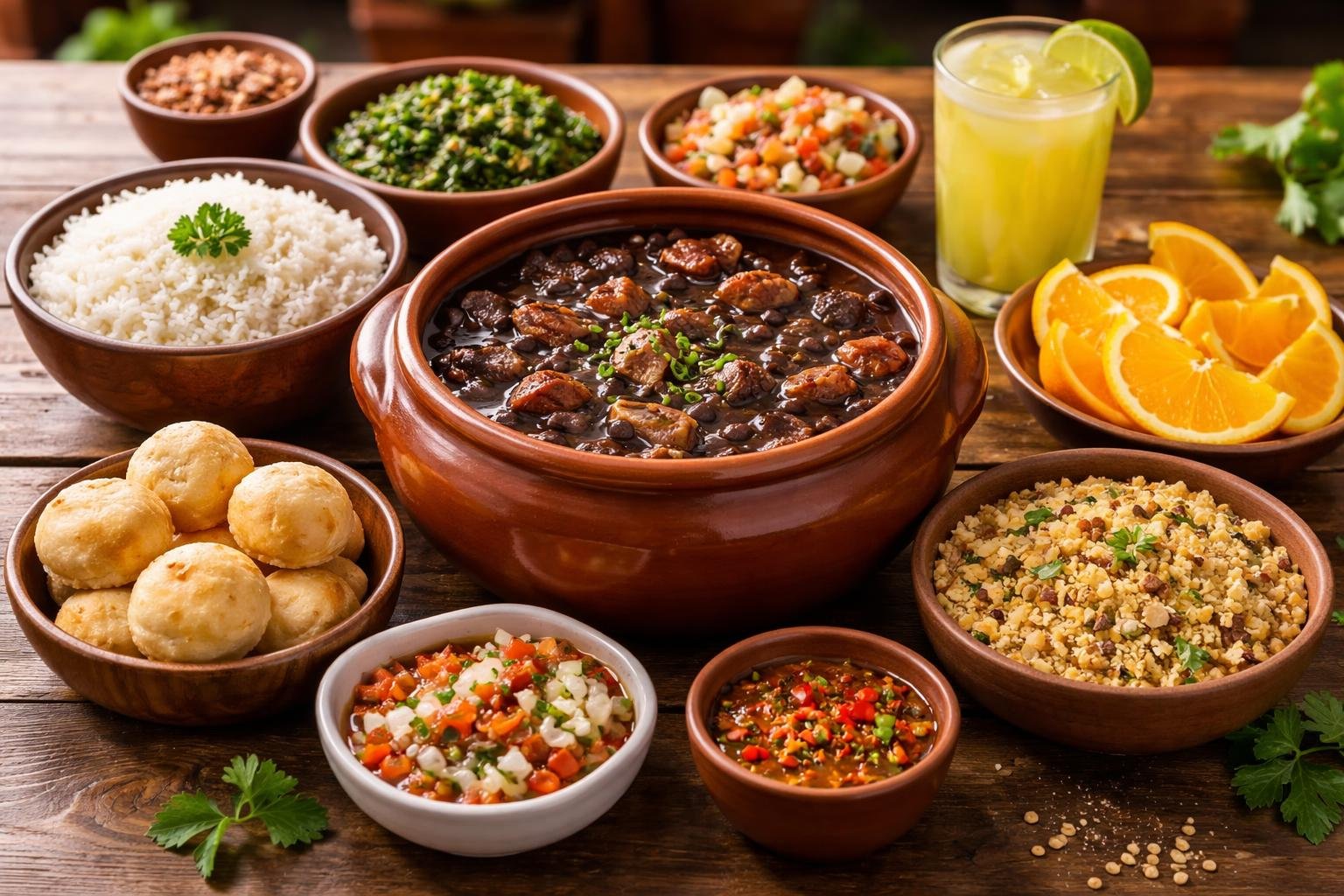 Mesa rústica com uma refeição típica da região sudeste do Brasil, incluindo feijoada, arroz branco, farofa, laranja fatiada, couve refogada e pão de queijo.