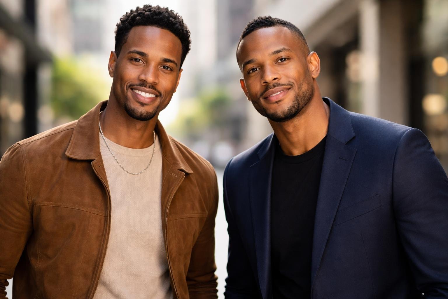 Dois homens afro-americanos lado a lado em um ambiente urbano moderno, com expressões confiantes e amigáveis.