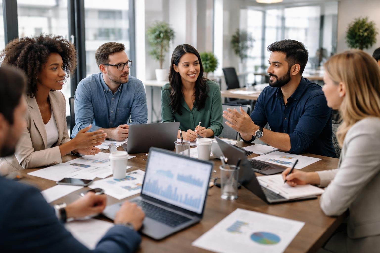 Um grupo de profissionais reunidos em uma sala de conferência moderna, colaborando e discutindo ideias após uma sequência de apresentações.