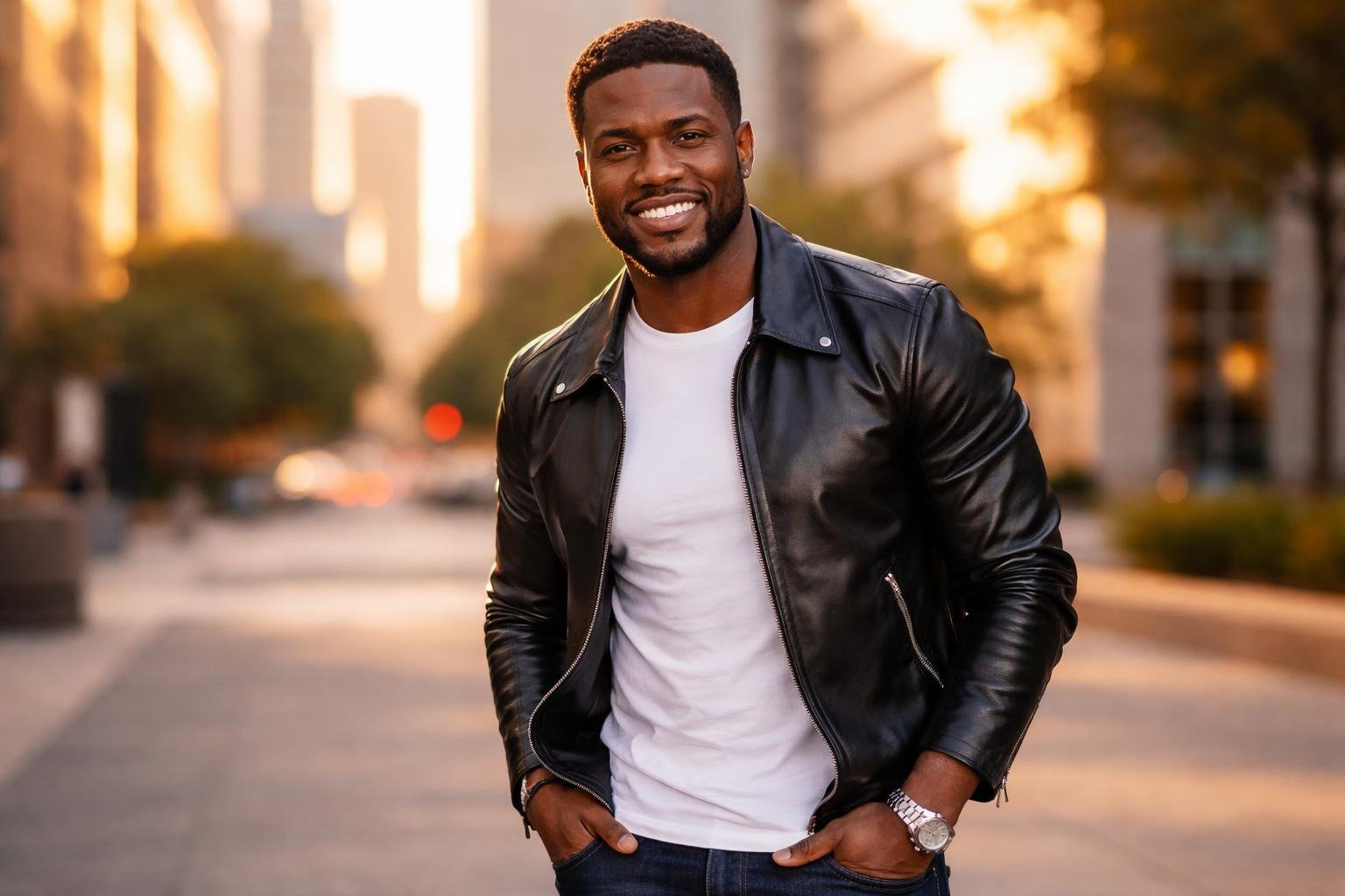 Homem afro-americano sorridente em pé em ambiente urbano com prédios ao fundo durante o pôr do sol.