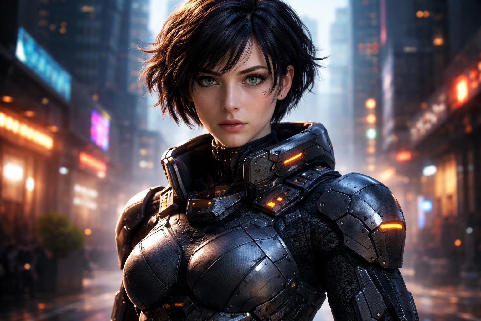 Jovem mulher com cabelo curto e bagunçado, vestindo uma armadura futurista, em um ambiente urbano com prédios altos e luzes neon ao fundo.