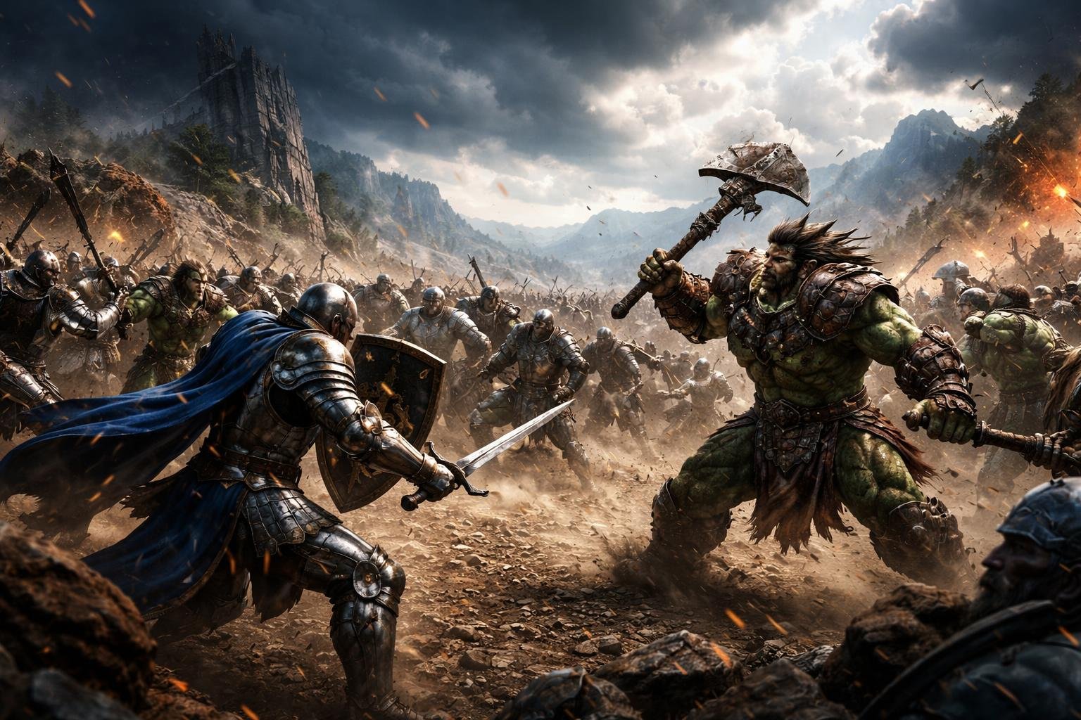 Cena de batalha entre guerreiros humanos e orcs em um campo de batalha com montanhas e ruínas ao fundo.