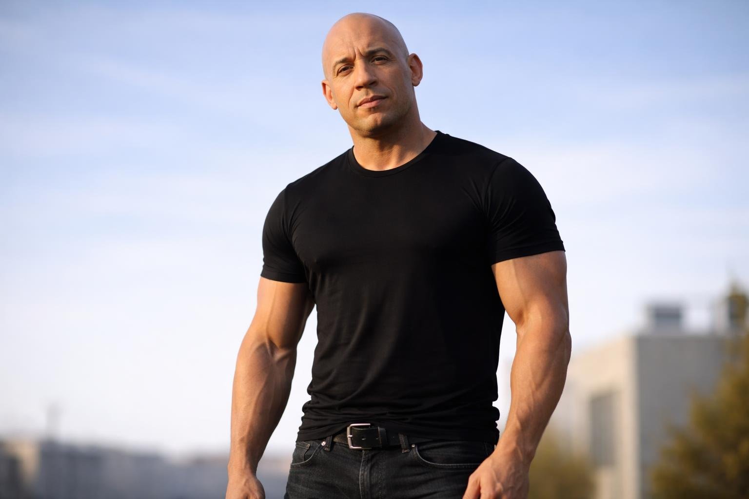 Homem alto e musculoso parecido com Vin Diesel, vestindo camiseta preta e jeans, olhando para a câmera com expressão confiante ao ar livre.