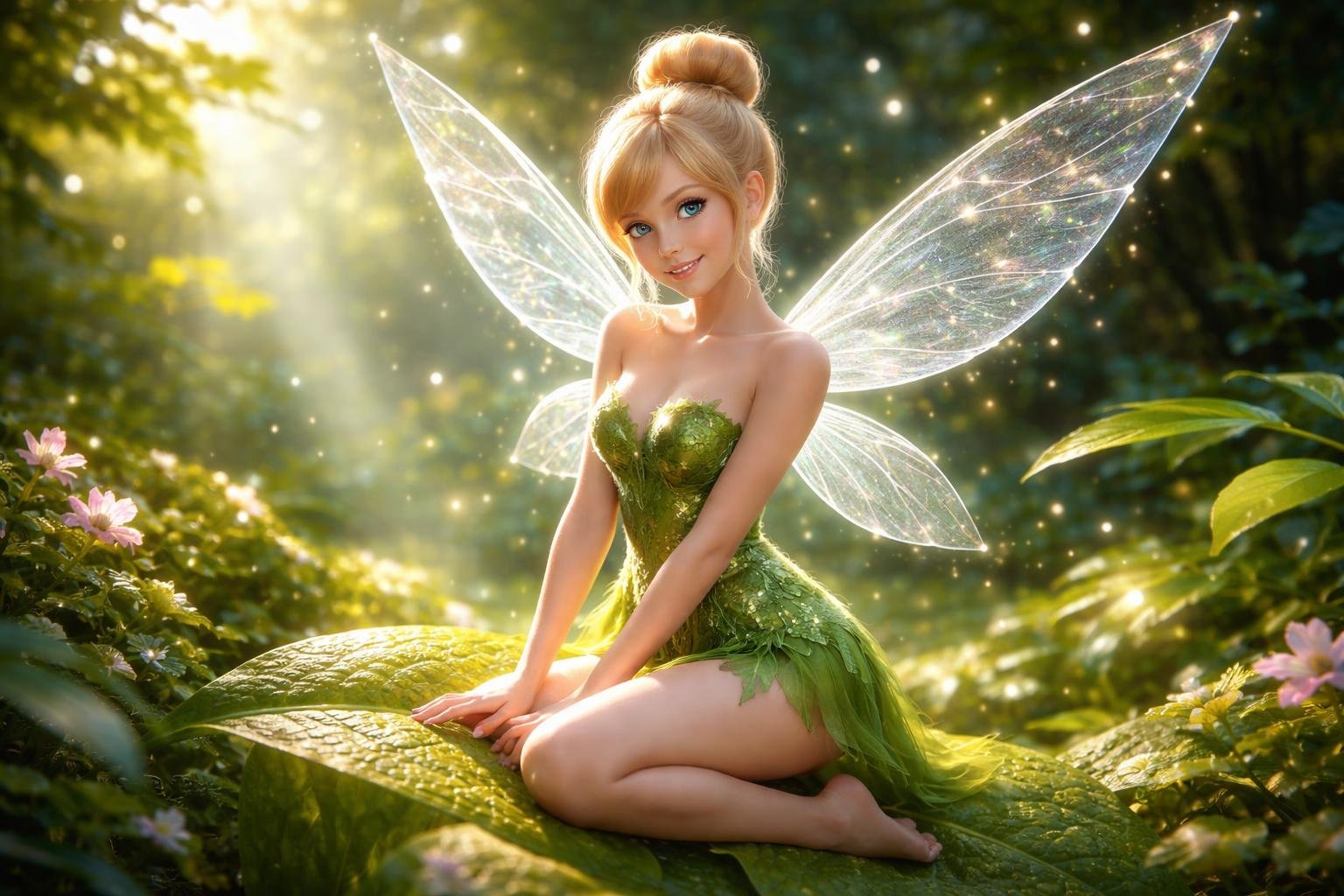 Fada delicada com asas translúcidas sentada em uma folha verde em uma floresta encantada com luzes suaves ao redor.