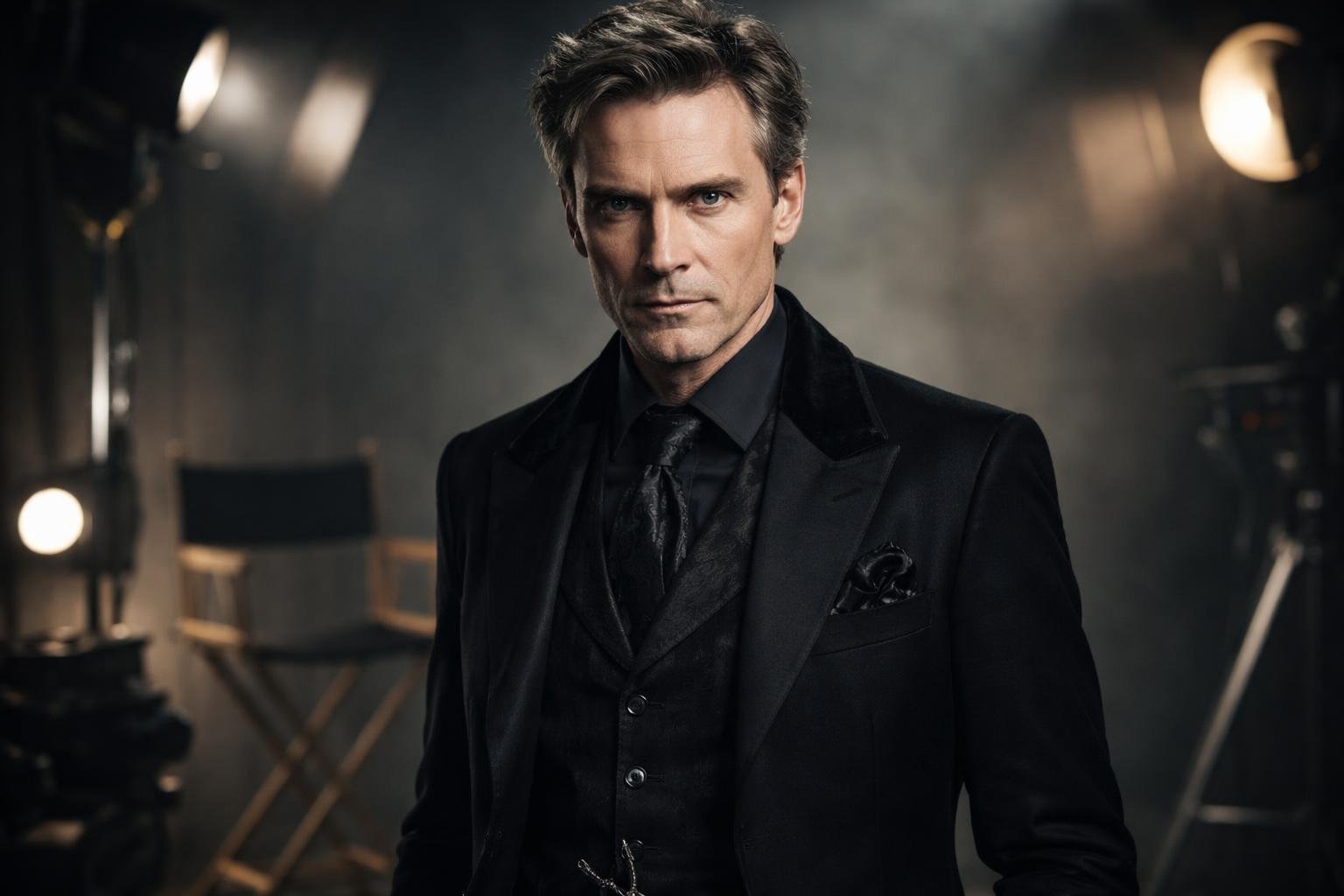 Ator masculino com aparência marcante em estúdio de filmagem, vestindo terno escuro, com expressão intensa e ambiente profissional.