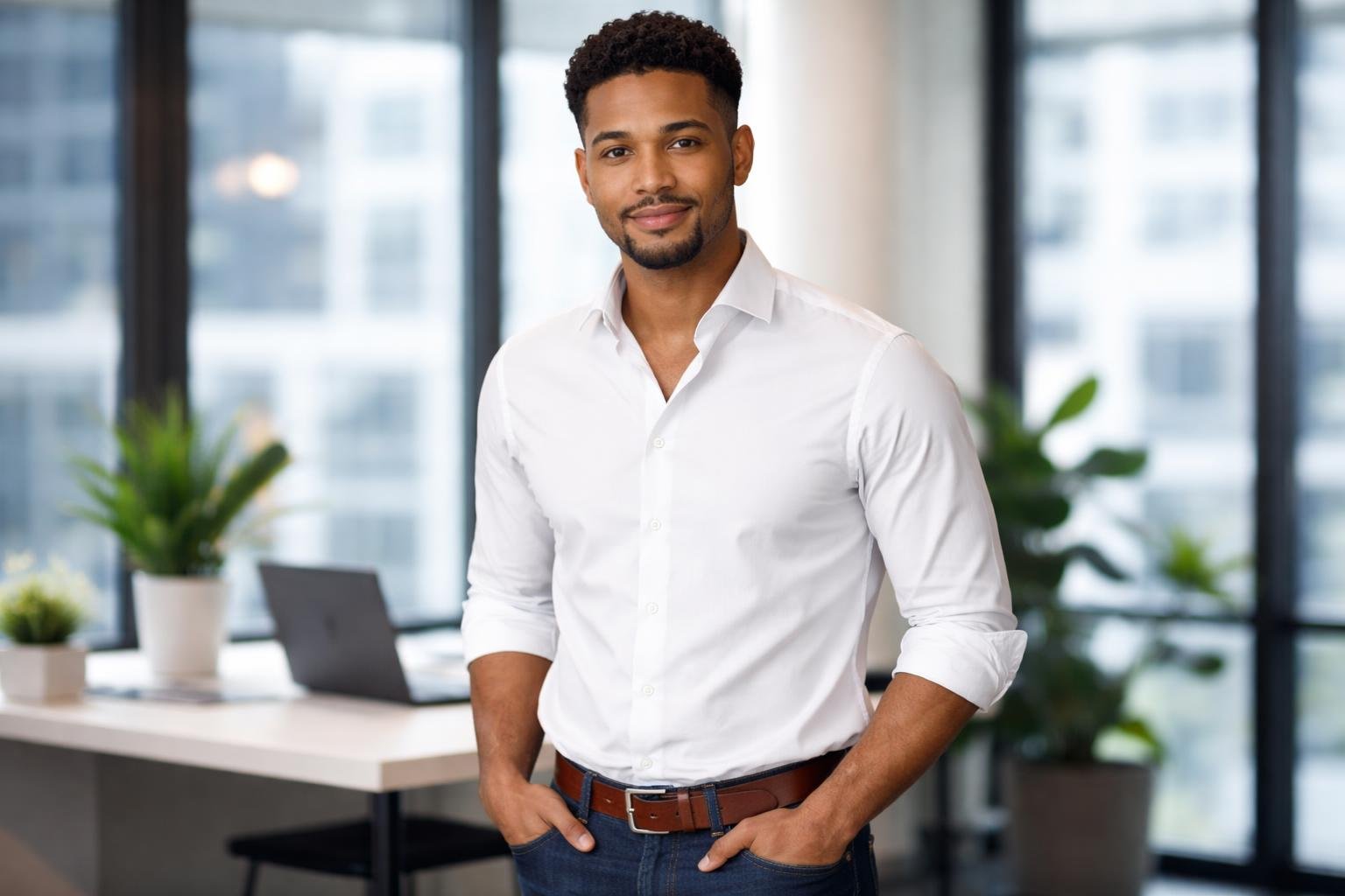 Homem confiante em ambiente de escritório moderno, olhando para a câmera com um sorriso leve.