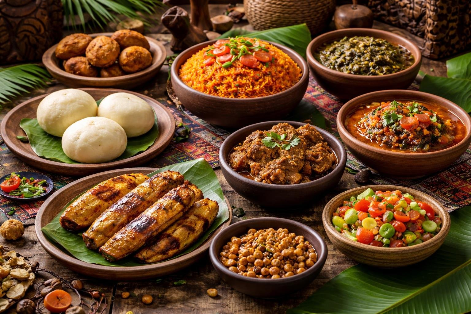 Mesa rústica com uma variedade de pratos tradicionais de origem africana, incluindo arroz jollof, fufu, banana-da-terra grelhada e ensopados em potes de barro.