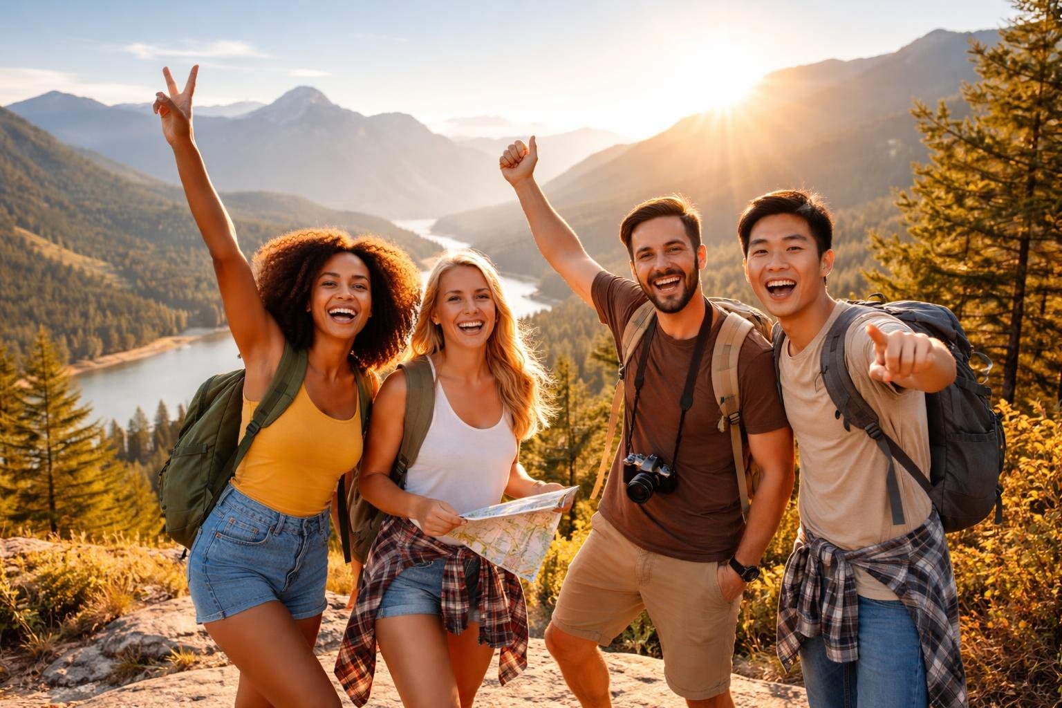 Grupo de jovens sorrindo em um mirante com vista para montanhas, rio e vegetação durante o pôr do sol.