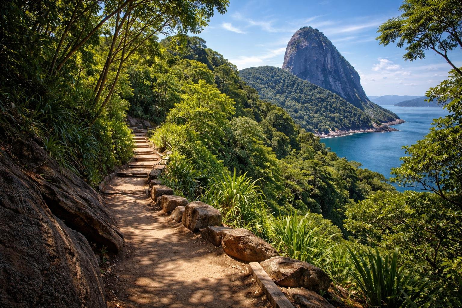 Trilha da Urca com vegetação verde, caminho de terra e o Pão de Açúcar ao fundo sob céu azul.