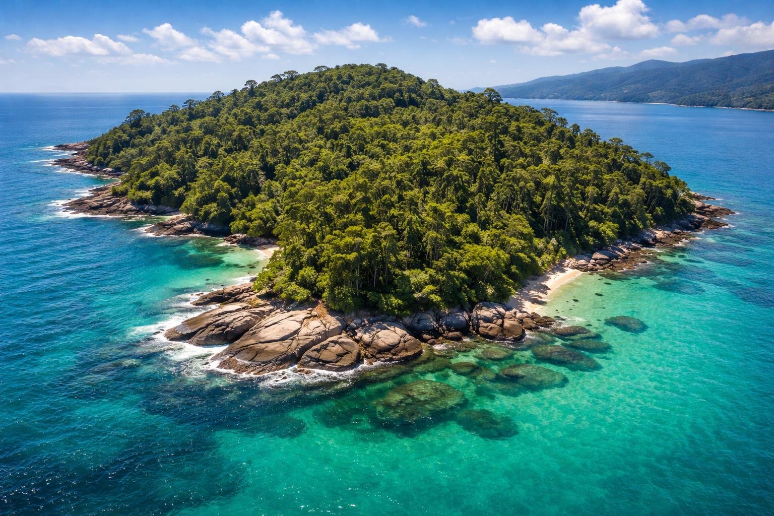 Vista aérea de uma ilha verde com árvores de cedro, cercada por água azul cristalina e praias pequenas.