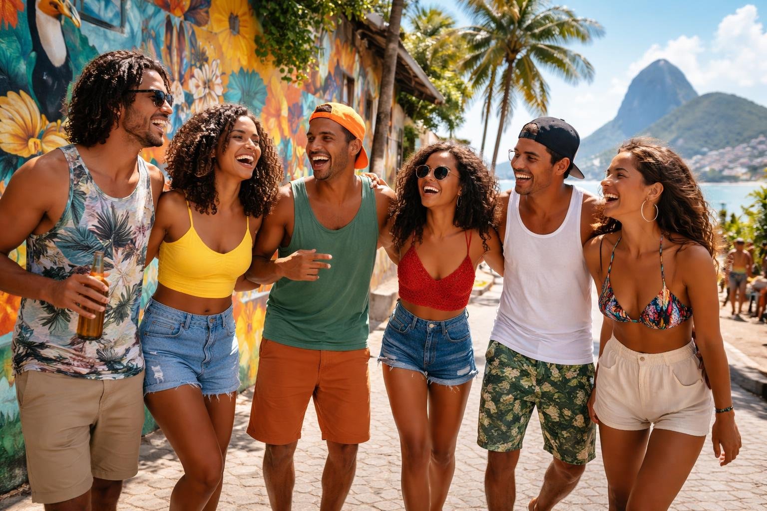 Grupo de jovens cariocas conversando e sorrindo em uma rua colorida do Rio de Janeiro com paisagem urbana ao fundo.