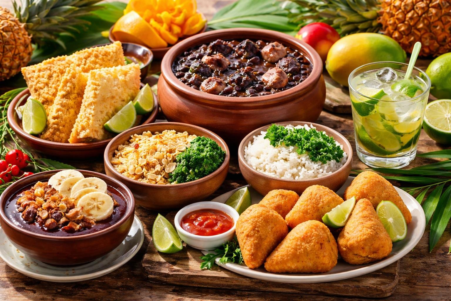 Mesa rústica com pratos típicos do Rio de Janeiro, incluindo feijoada, pastel, açaí, coxinha e uma caipirinha, com frutas tropicais ao redor.