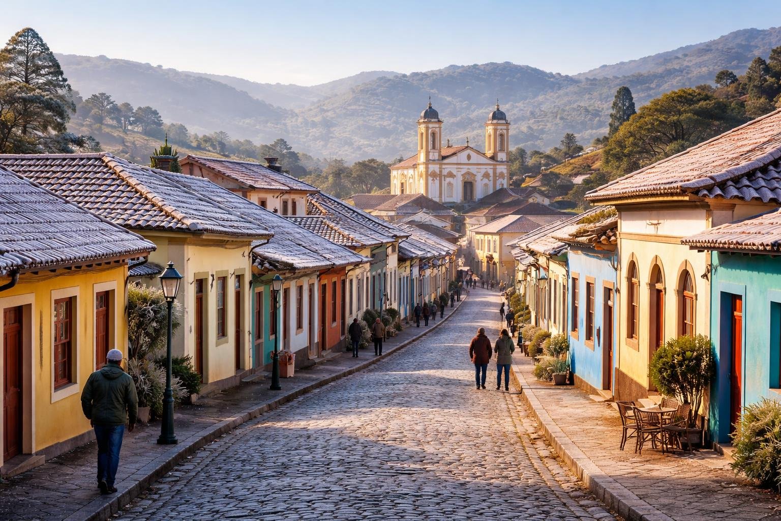 Vista de uma pequena cidade do Nordeste com casas coloridas e ruas de pedra, pessoas vestindo roupas de frio, e colinas ao fundo sob céu azul.