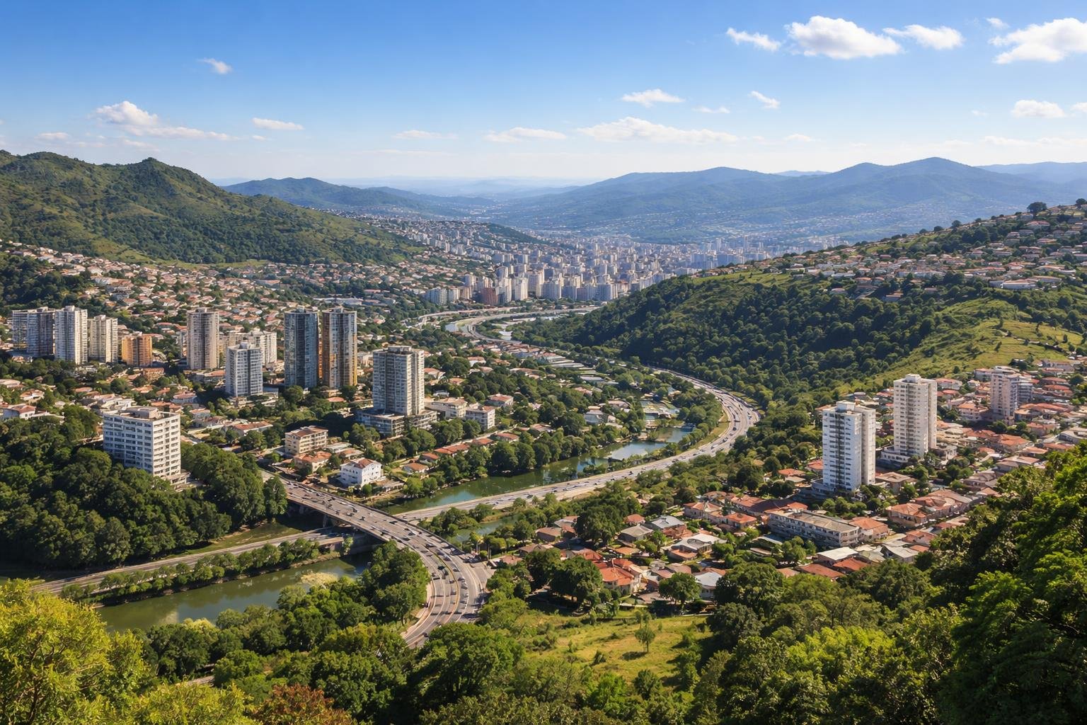Vista panorâmica das cidades próximas a Belo Horizonte, com prédios, áreas verdes, estradas e montanhas ao fundo.