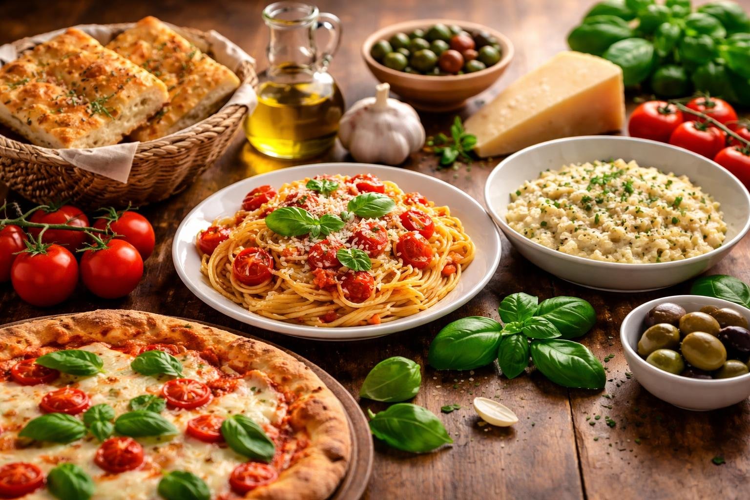 Mesa rústica com pratos típicos da culinária italiana, incluindo massa, pizza, risoto e pão, acompanhados por ingredientes frescos como tomate, manjericão e queijo parmesão.