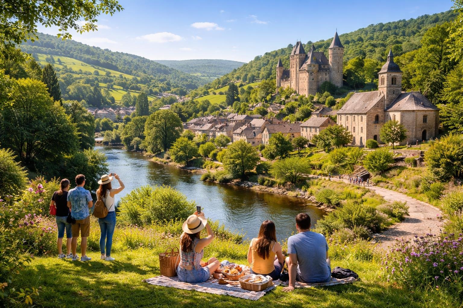 Turistas aproveitando um passeio de bate e volta nos arredores de Paris, com paisagem campestre, casas antigas e céu claro.