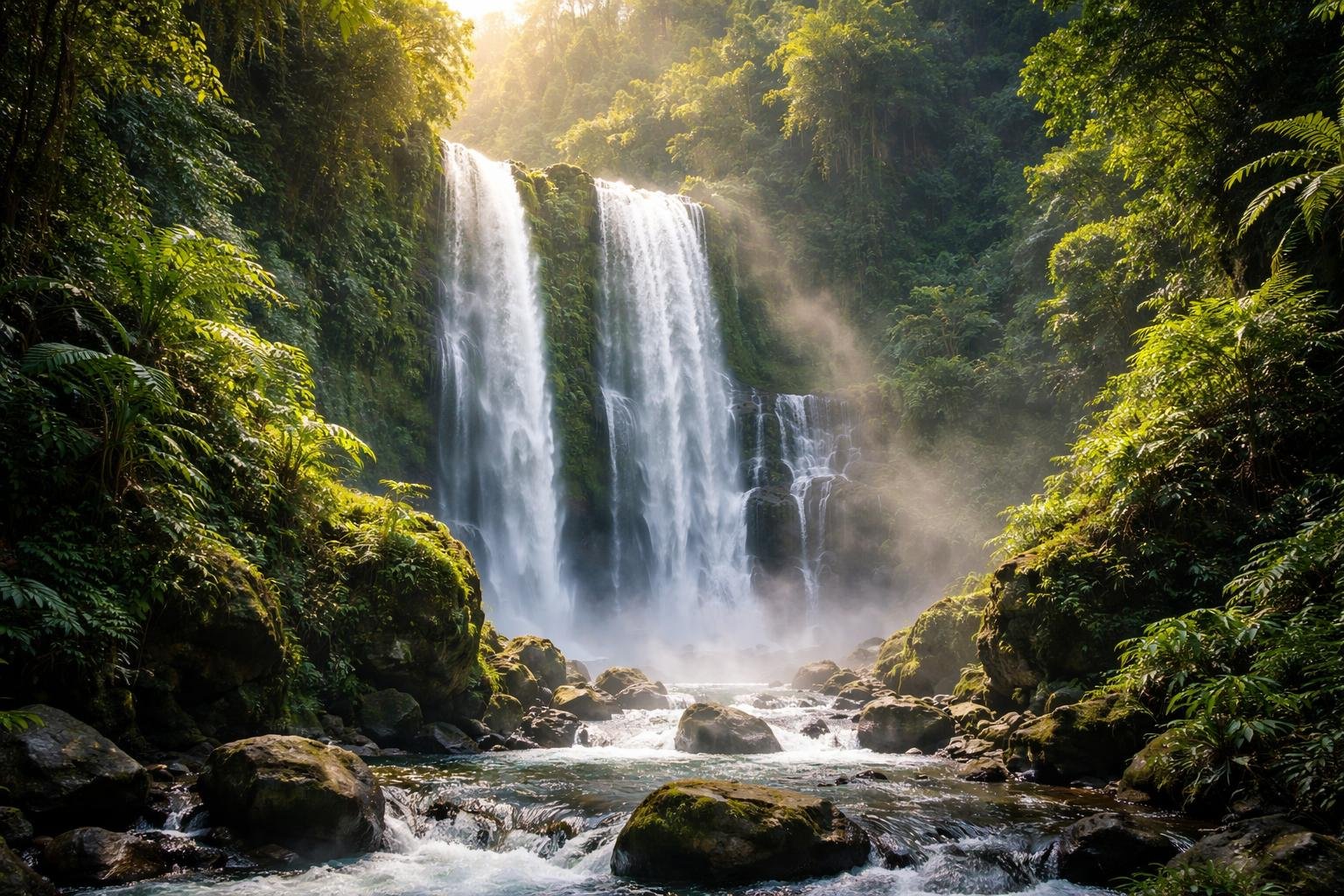 Cachoeira majestosa caindo sobre penhascos verdes com vegetação densa ao redor e luz do sol filtrando pelas árvores.