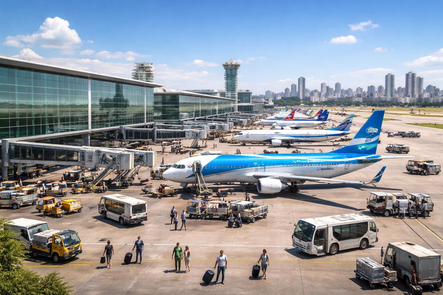 Vista do aeroporto de Buenos Aires com terminais modernos, aviões estacionados, veículos de serviço no solo e passageiros caminhando com bagagens.
