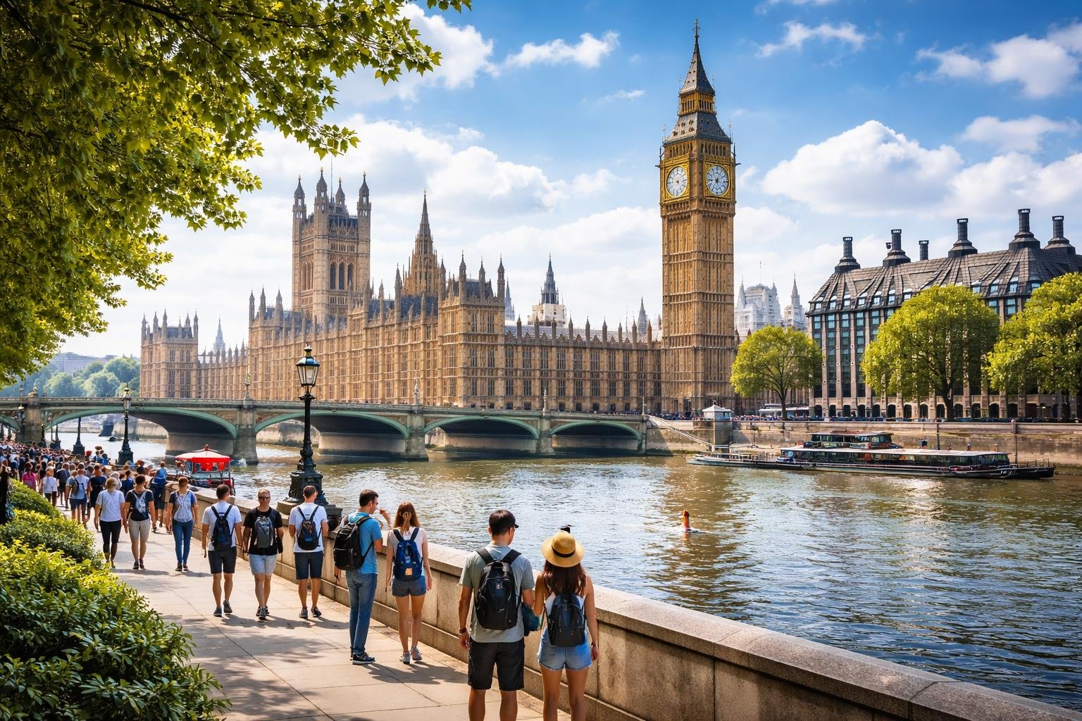 Vista da cidade de Londres com o Big Ben, turistas caminhando à beira do rio e ônibus vermelhos passando pelas ruas.