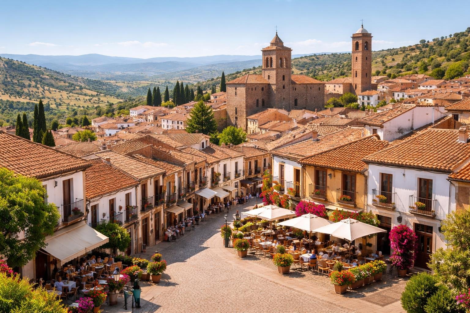 Vista panorâmica de cidades pequenas perto de Madrid com ruas de pedra, casas tradicionais espanholas e colinas verdes ao fundo.