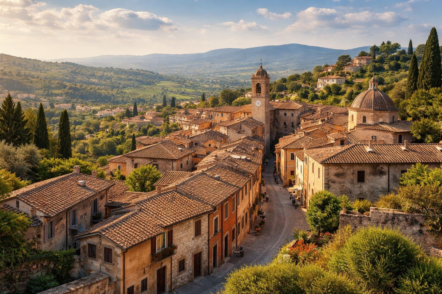 Vista panorâmica de cidades próximas a Roma com casas antigas, telhados de terracota, ruas de pedra, colinas verdes e céu azul.