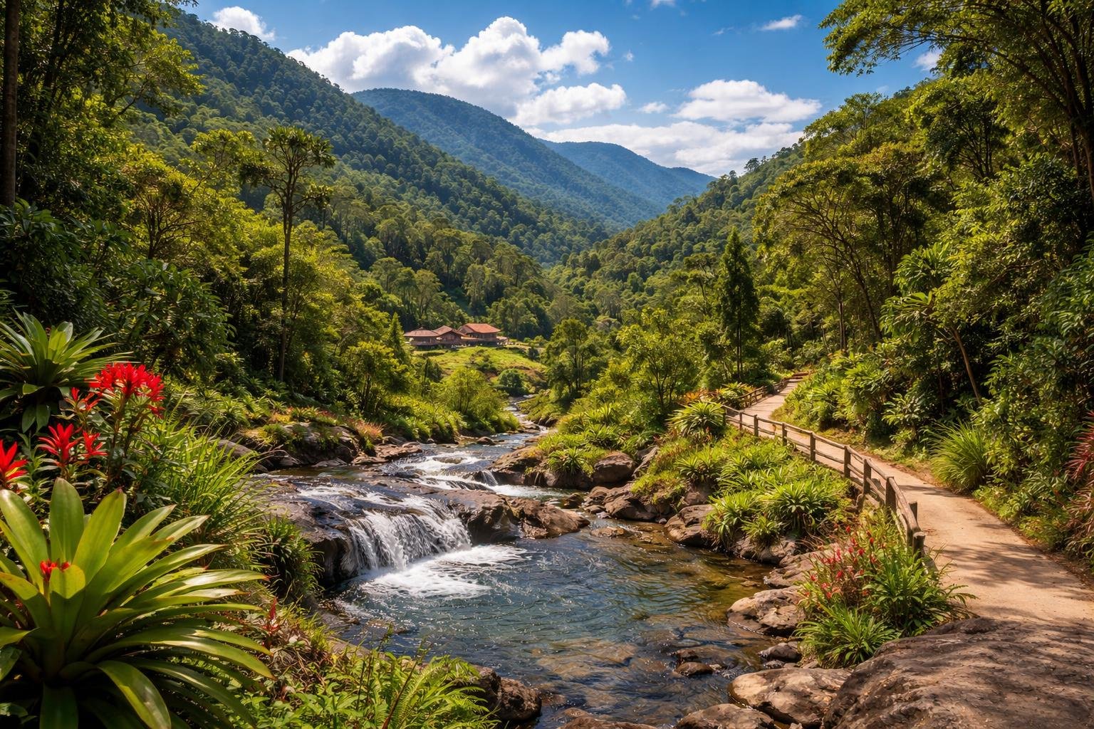 Paisagem natural com colinas verdes, floresta densa, rio com pequenas quedas d'água e trilha para caminhada perto de Curitiba.