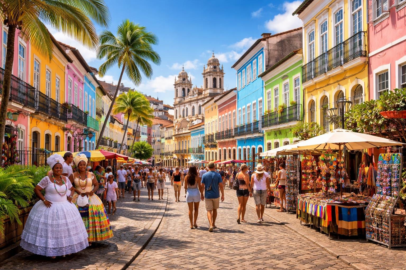 Rua movimentada em Salvador, Bahia, com prédios coloridos, pessoas caminhando e plantas tropicais ao redor.